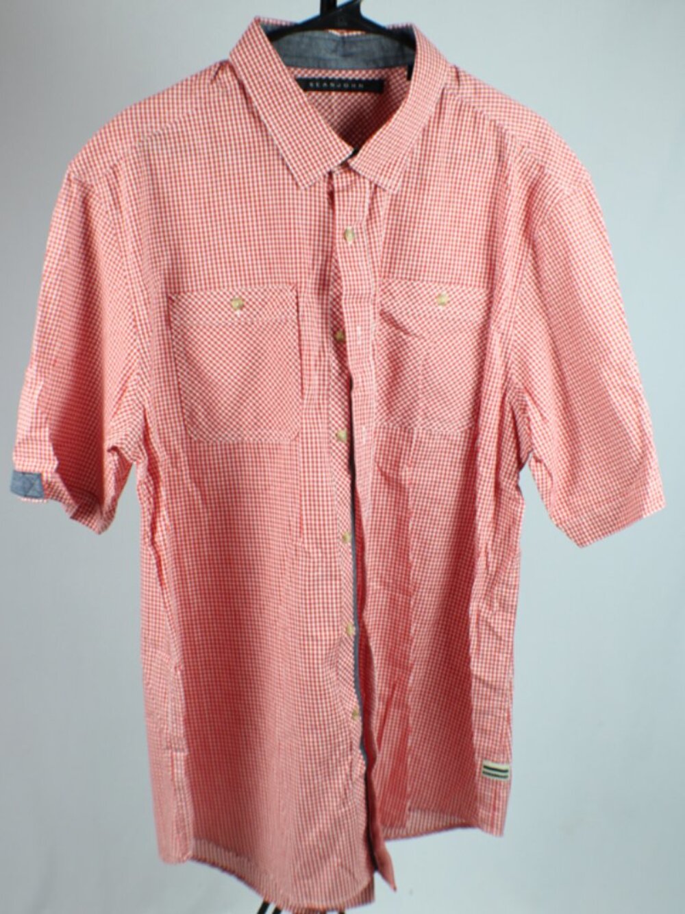 Sean John Men's Red White Gingham Short Sleeve Shirt Chambray Trim 2XL